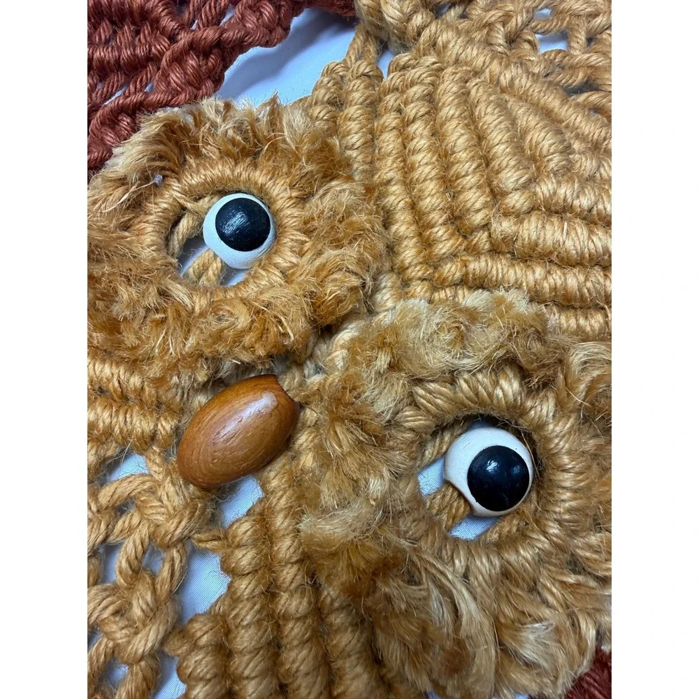 Vintage 70s Macrame Owl Wall Hanging Boho Fiber Art Terracotta Mustard Rust